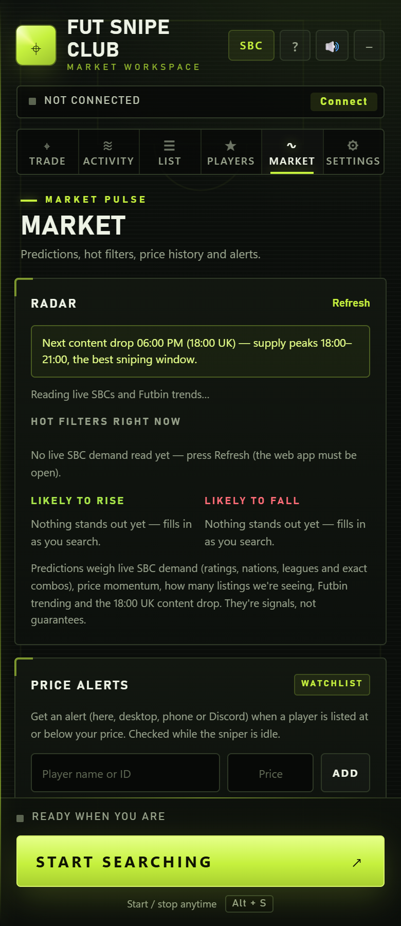 Market tab with Radar